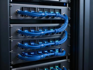 Crisp technical photography of enterprise server racks with clean blue cabling, cool LED indicator lights blinking in a dark server room, sharp focus.