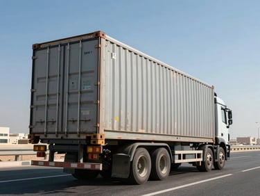 Wide shot of a loaded moving truck on a Dubai highway at midday, organized cargo visible through open side panel, steel container walls, clear blue sky above, road stretching ahead