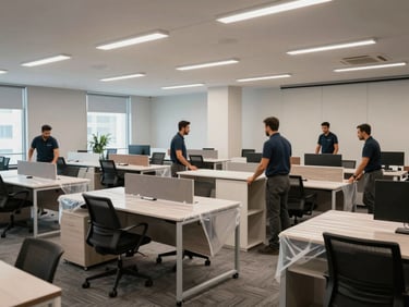 Wide shot of a professional moving team coordinating office furniture and equipment in an open-plan Dubai office, desks wrapped in protective film, overhead fluorescent lighting, organized staging area visible