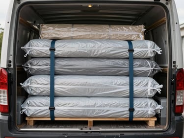 Interior of a loaded moving truck showing neatly stacked furniture wrapped in moving blankets, secured with tie-down straps, natural daylight through the rear opening
