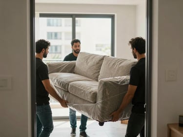 Close-up of moving team carefully carrying a sofa through an apartment doorway, natural daylight from hallway windows, hands gripping protective blanket wrap, Dubai residential building corridor