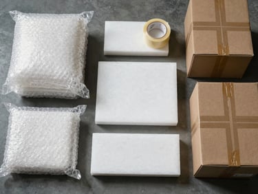Overhead flat-lay of professional packing materials — bubble wrap, packing tape, foam sheets, and labeled cardboard boxes arranged on a warehouse floor under natural daylight