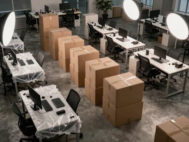 Overhead view of an organized office floor during relocation — labeled boxes stacked in rows, desk equipment wrapped in bubble wrap, concrete floor, studio strobe lighting