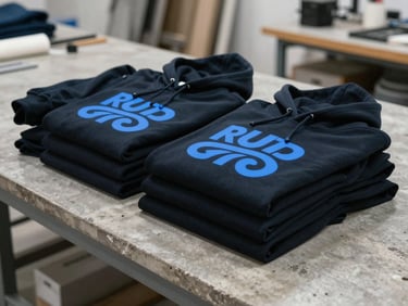 A stack of folded deep black hoodies with bright blue prints, neatly arranged on a concrete worktable in a modern textile workshop.