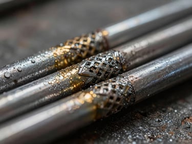 Macro close-up of high-grade steel welding electrodes, high-contrast industrial lighting reflecting off flux coating, sharp textures, industrial workshop background.