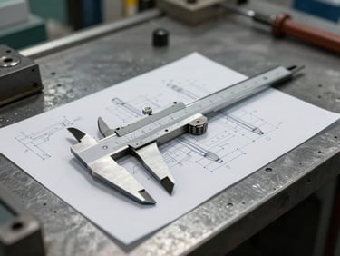 Technical drawings and industrial calipers resting on a steel workbench in an Indian manufacturing facility, high-contrast lighting