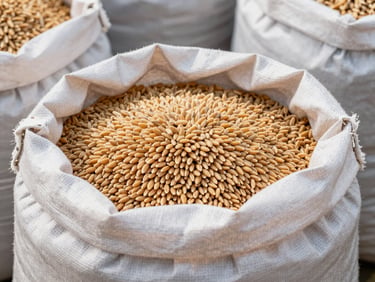 Close-up of premium golden wheat grains and oilseeds piled inside clean, heavy-duty hessian export sacks under natural daylight