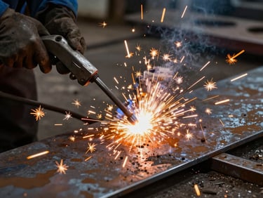 A shower of bright orange sparks from a clean manual metal arc welding process on heavy steel plates, dark industrial setting