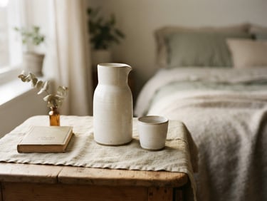 Warm editorial photography, soft diffused daylight, a serene bedside table with a textured linen cloth, a ceramic water carafe, and soft morning light casting gentle shadows, shallow depth of field