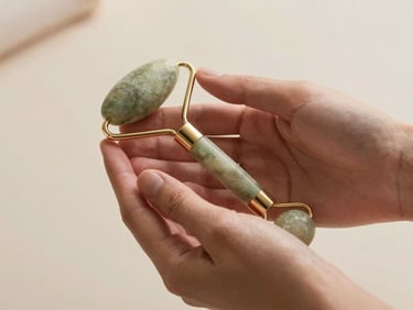 A close-up of hands holding a smooth stone massage tool, soft natural lighting, elegant minimalist aesthetic