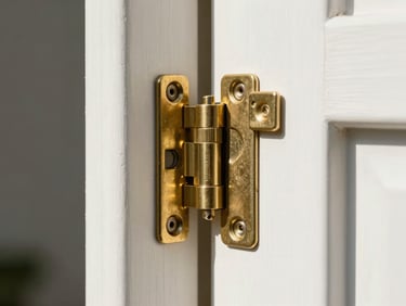 Extreme macro shot of a perfectly installed brass door hinge on a clean white door frame, bright natural daylight, architectural precision