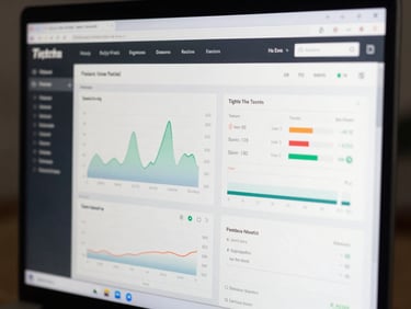 Tight crop of a browser window showing a high-performance web dashboard with real-time data tables and graph overlays, cool daylight on screen, shallow depth of field on monitor edge, no people