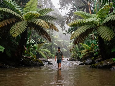 Wide shot of a local native guide navigating a misty river crossing with giant ferns on the banks, morning fog