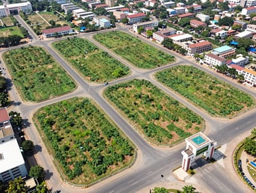 Aerial drone shot of Akshara Greens plotted township, showcasing organized green plots, wide internal roads, and a grand entrance gateway.