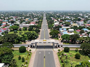 Wide-angle view of Dwarka plotted township, showing a grand entrance gate, wide paved roads, and lush green parks.