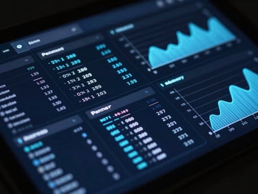 Abstract dark UI dashboard showing glowing technical graphs and data layers, high contrast, macro lens, 35mm
