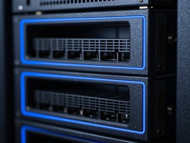 Extreme close-up of a high-performance server rack with sharp electric blue rim-lighting, dark slate background, macro lens