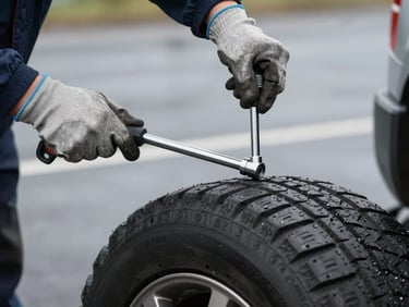 Close-up of a technician's hands in heavy-duty protective gloves using a professional torque wrench to secure a fresh tyre on a vehicle, overcast UK daylight, wet tarmac background.