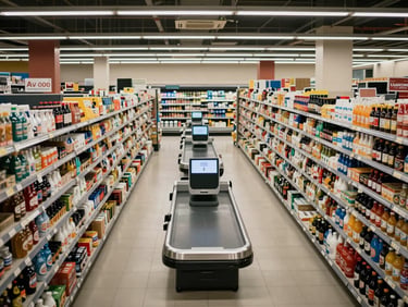 Overhead angle of a supermarket aisle, wide shot showing checkout lanes and shelving, flat diffused ceiling lighting, a subtle alert highlight box visible on one aisle section suggesting detection activity