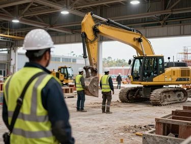 Wide shot of a construction site interior, workers in high-visibility vests and hard hats near heavy machinery, overcast industrial lighting, one worker's safety harness visible in sharp detail in the foreground
