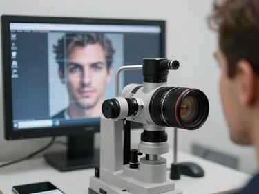 Close-up of an optician station, a patient facing a precision measurement device with a subtle facial grid overlay visible on a monitor in the background, cool studio lighting, shallow depth of field