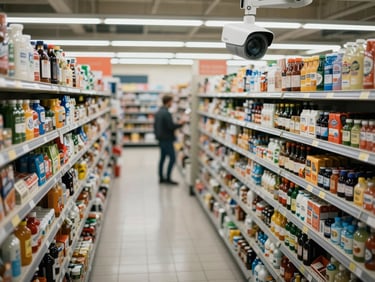 Overhead view of a supermarket aisle under flat fluorescent lighting, a security camera perspective, subtle alert highlight box drawn around an anomalous figure near a shelf — clinical, surveillance aesthetic, no people's faces visible