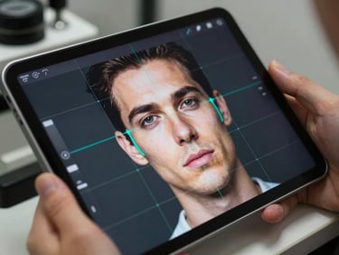Close-up of a tablet screen showing a facial measurement grid overlay on a patient's face at an optician station, precise landmark points marked in teal on a dark background, device held at arm's length — technical, clinical, no smiling