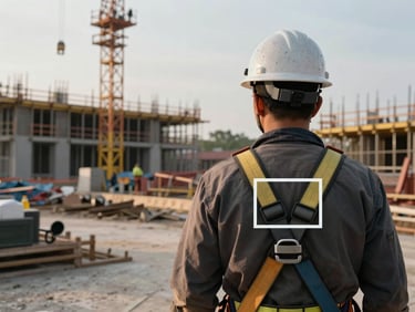 Wide shot of an active construction site at overcast daylight, a worker in the foreground with a hard hat and safety harness, a digital overlay rectangle highlighting the harness attachment point — documentary framing, no golden hour, industrial realism