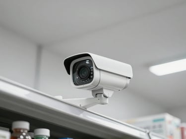 Close-up side-angle view of a supermarket security camera mounted near ceiling, aisle shelving visible below in sharp focus, overcast store lighting, minimal color grading, monochrome with teal tint on the camera housing detail