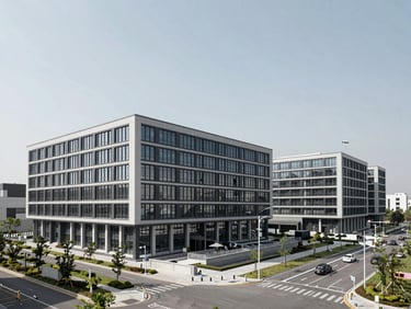 Wide-angle architectural photography of a completed modern administrative complex under clean natural daylight, desaturated corporate tones, sharp focus, high-end industrial aesthetic.