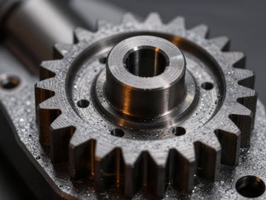 Macro close-up of high-precision SLS nylon 3D printed mechanical gear, industrial dark aesthetic, sharp details, amber light highlights