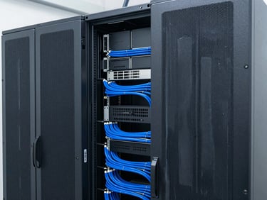 Clean architectural photography of a server rack with blue cable runs, bright natural daylight, crisp high-contrast cool tones, sharp 35mm lens, modern European aesthetic