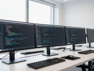 Clean architectural photography of a developer's clean desk with multiple monitors displaying code, a schematic blueprint overlay, bright natural daylight, crisp high-contrast cool tones, sharp 35mm lens, modern European aesthetic