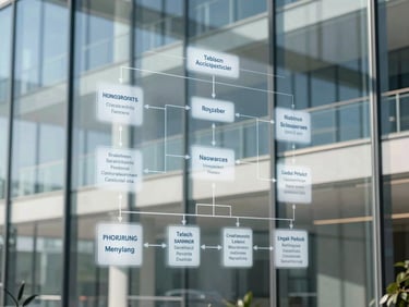 Clean architectural photography of a complex system architecture diagram projected onto a glass wall in a modern Prague office, bright natural daylight, crisp high-contrast cool tones, sharp 35mm lens, modern European aesthetic
