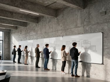 Wide architectural view of our Shoreditch office interior, raw concrete walls, unposed team collaborating at a large whiteboard covered in system architecture diagrams, sharp shadows
