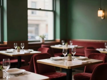 Cozy Scandinavian-style restaurant interior, warm window light, empty tables set for dinner, rich crimson and forest green tones.