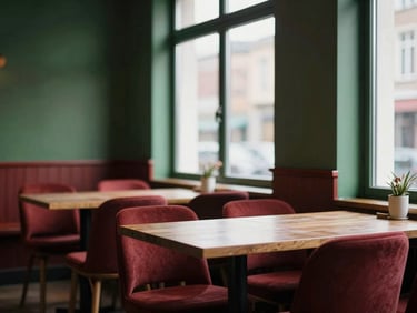 Cozy Scandinavian-style restaurant interior, warm window light, empty tables, rich crimson and forest green tones, shallow depth of field, 35mm