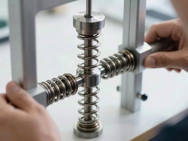 Close-up of a heavy-duty torsion spring being calibrated by a technician with tools