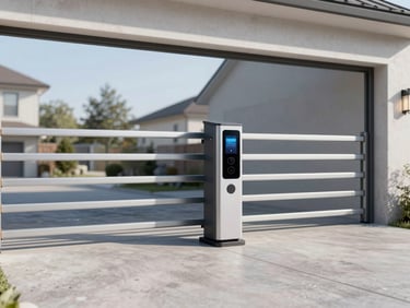 An automated driveway gate entry system with modern hardware, winter-sealed