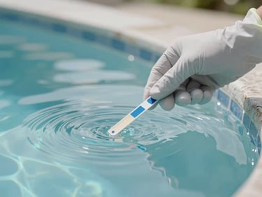 Close-up of a gloved hand dipping a chemical test strip into clear pool water, natural mid-morning overcast light, pool edge visible, water surface calm and transparent