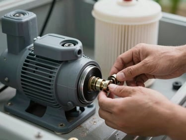 Close-up of a pool pump housing and filter canister in a residential equipment bay, morning overcast light, hands reaching in to inspect a fitting