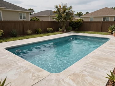 Wide environmental shot of a well-maintained residential pool and surrounding concrete deck in a suburban backyard, overcast mid-morning light, pool water clear and still, pool pump housing visible at the edge of the frame