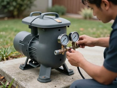 Pool pump and filter equipment housing in a suburban backyard, technician's hands inspecting a pressure gauge, overcast morning light, concrete pad, functional not staged