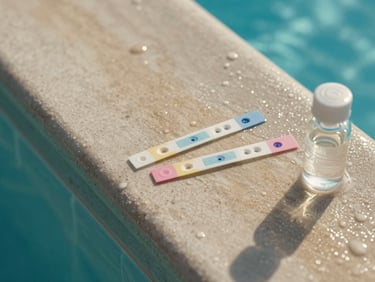 Close-up overhead view of a pool testing kit on wet pool coping, water test strips and a vial of pool water visible, mid-morning natural light