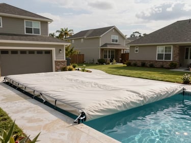 Wide environmental shot of a residential pool cover being drawn back at start of season, suburban backyard, flat overcast morning light, no people
