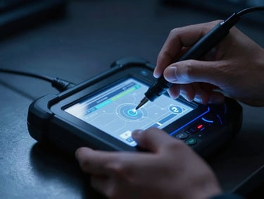 Macro shot of a technician's hands using a digital diagnostic tool on a metallic surface, cool blue lighting, deep blacks.