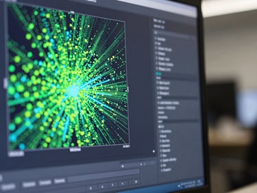 Tight macro shot of a computer screen displaying a colorful point-cloud digital twin next to a blurred physical space, monospace typography, cool slate and neon cyan tones.