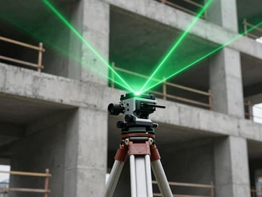 High-contrast industrial shot of a heavy-duty tripod-mounted 3D laser scanner inside a partially constructed concrete building, neon cyan laser grid visible, sharp technical photography.