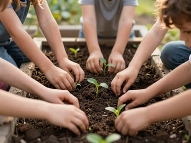 Diverse children tending a small garden bed, hands in soil, sprouting seedlings, warm natural light, organic earth tones, authentic