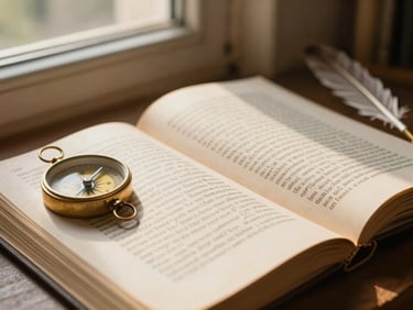 Open textbook on ancient history, a compass and quill nearby, warm light from a window, shallow depth of field, trustworthy and established feel